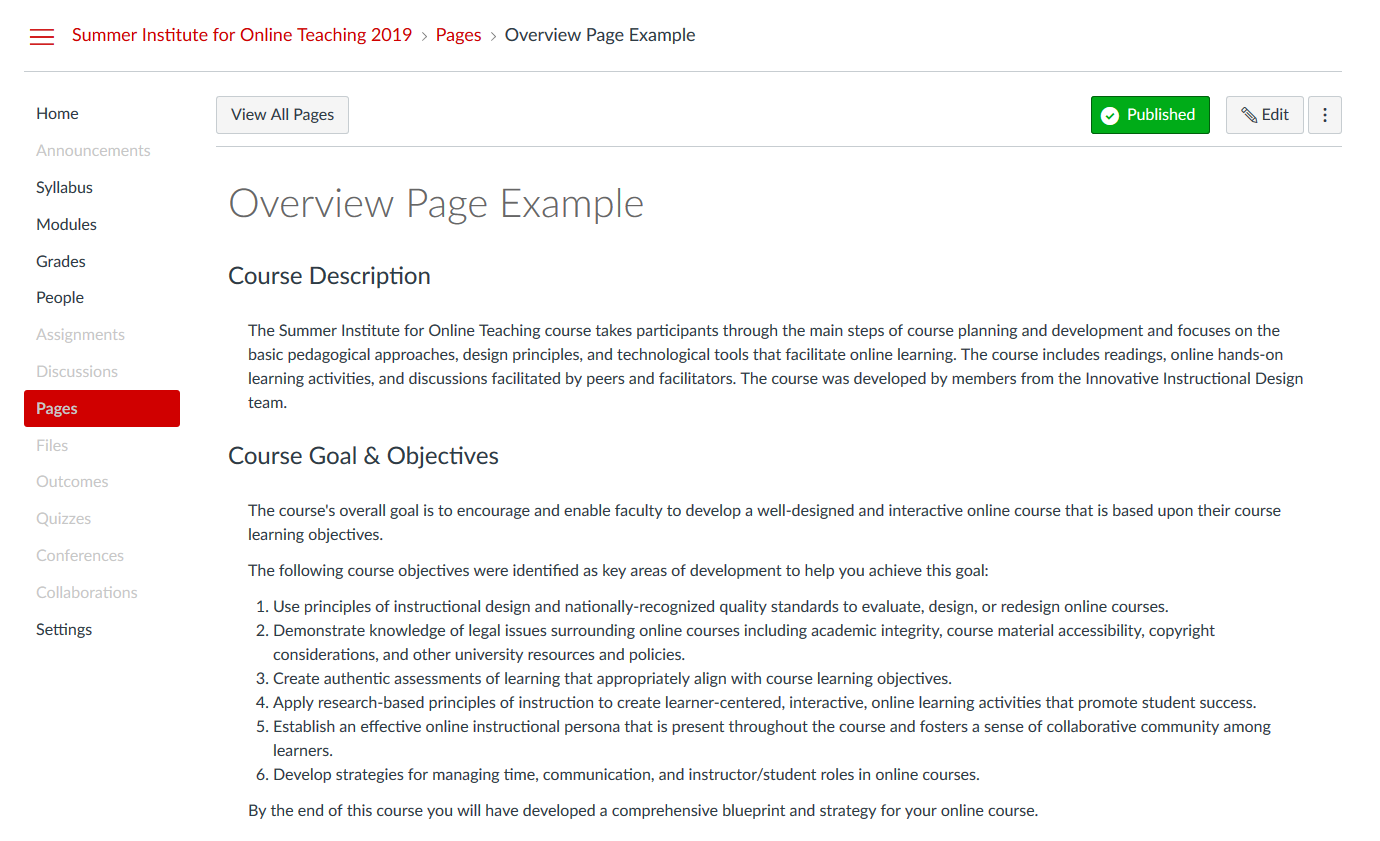 A Canvas page with course decription and objectives